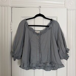 Chic Blue Checkered Blouse with Ruffle Trim